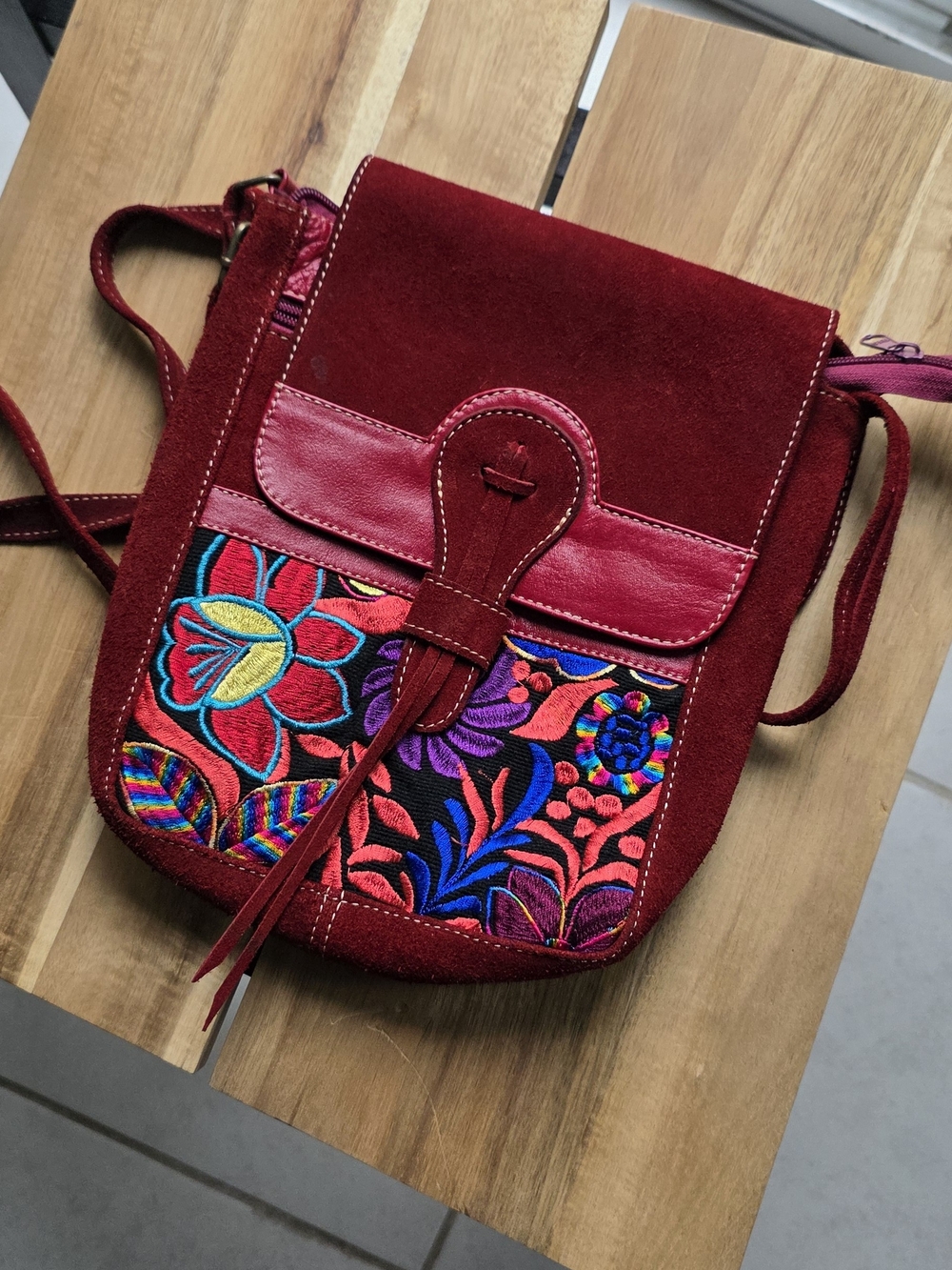 Embroidered Suede Crossbody Bag - Deep Red